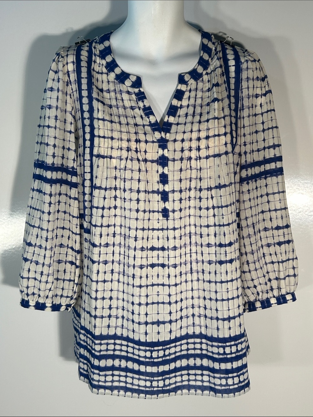 Rose & Olive SZ 2X Blue & Ivory Flowy Tunic Top Comfy Dressy or Casual Relaxed